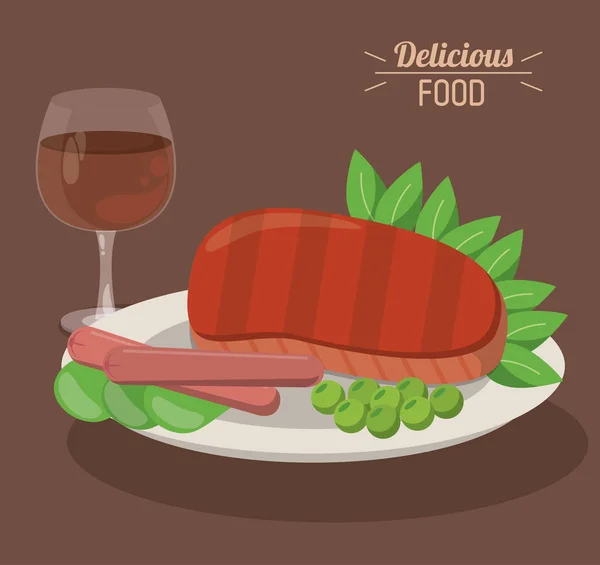 Delicious food steak and sausages with pea vegetable and wine — Stock Vector