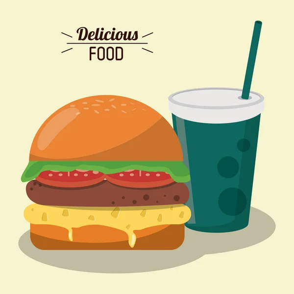 美味的食物汉堡西红柿生菜芝士和苏打水 — 图库矢量图片