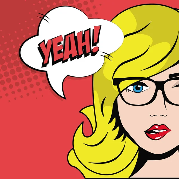 Chica rubia gafas burbuja discurso pop arte cómic estilo — Vector de stock