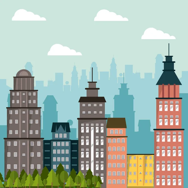 Edificio paisaje apartamento árbol ciudad diseño — Vector de stock