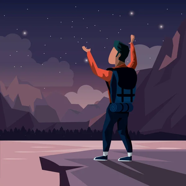 Colorato paesaggio notturno di arrampicatore uomo che celebra in cima alla montagna — Vettoriale Stock