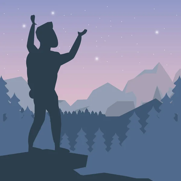 Farbe Nacht Landschaft Silhouette des Bergsteigers Mann feiert auf der Spitze des Berges — Stockvektor