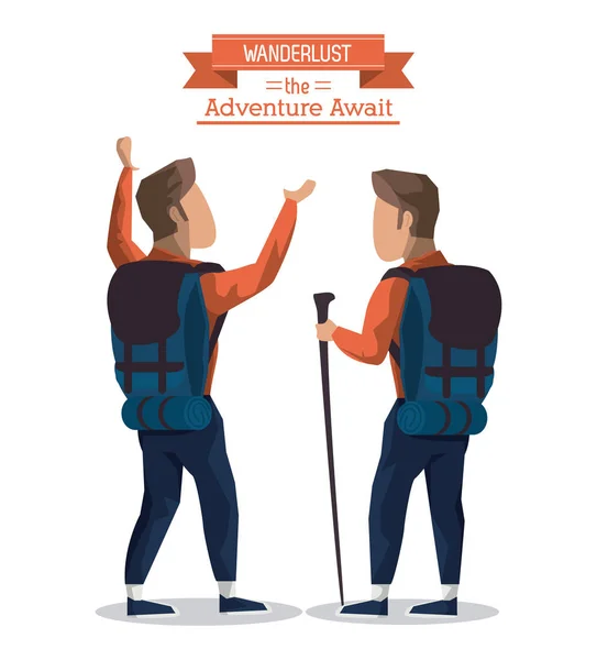 Cartaz colorido de wanderlust a aventura espera com homens de par escalando — Vetor de Stock