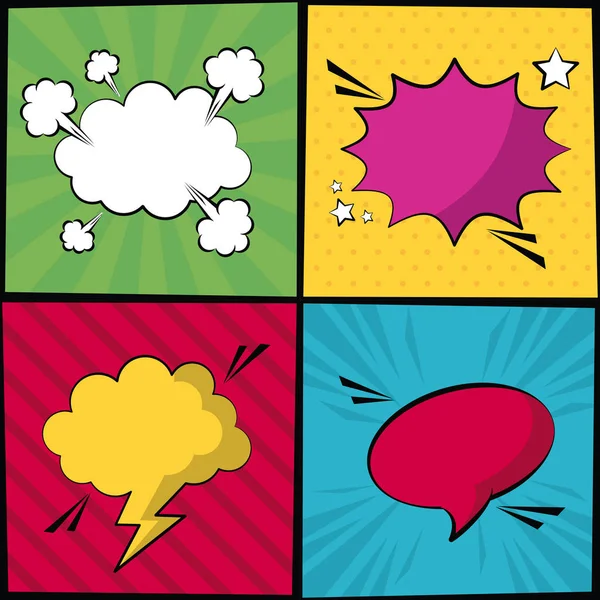 Bannière carrée multicolore dans le style pop art avec des rayures et des appels de dialogue sous différentes formes — Image vectorielle