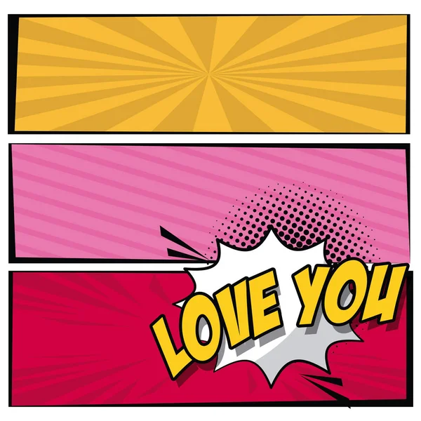 Різнокольоровий квадратний банер у стилі поп-арту напівтон зі смужками та пунктиром з вигуком з любов'ю текст — стоковий вектор