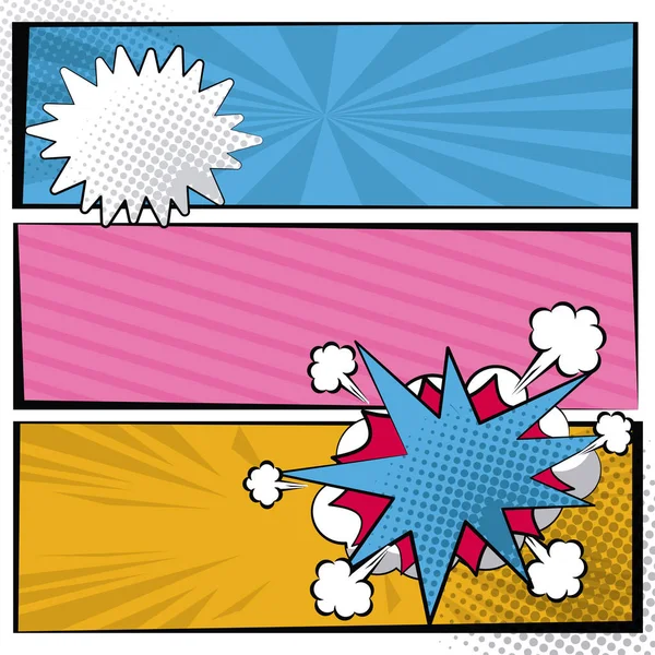 Banner cuadrado multicolor en medio tono de estilo pop art con rayas y caja de llamada de diálogo en la nube — Archivo Imágenes Vectoriales