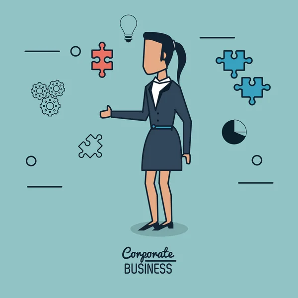 Cartel de fondo colorido de negocios corporativos con exponente mujer de negocios de pie — Vector de stock