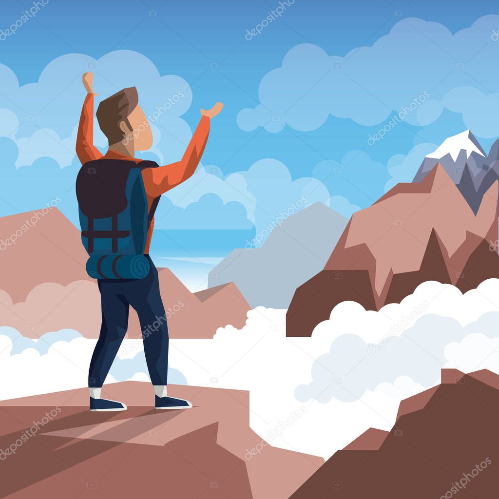 colorful daytime landscape of climber man celebrating at the top of mountain