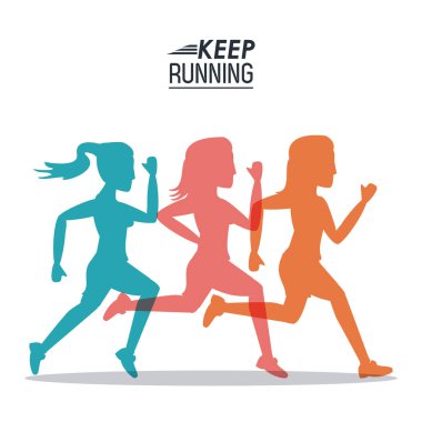 posterin beyaz arka plan renkli kadın siluetleri sporcular ile koşmaya devam