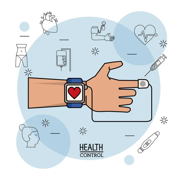 Cartaz de fundo branco com ícones de silhueta preta de controle de saúde em fundo e mão com monitor de pulso relógio colorido em close-up —  Vetores de Stock