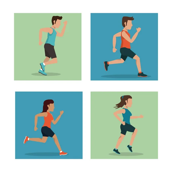 Белый фон с квадратами набор спортсменов мужского и женского бега — стоковый вектор