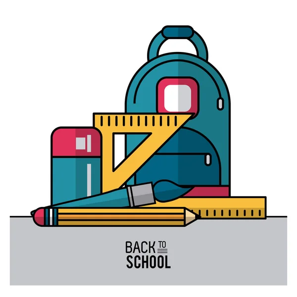 Kolor plakat roku szkolnego z plecaka i zasadnicze elementy szkoły w zbliżenie — Wektor stockowy