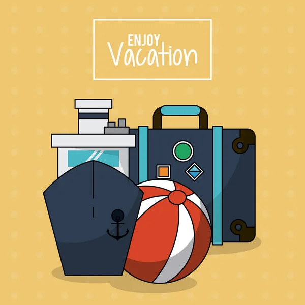 Colorful poster of enjoy vacation with cruise ship and luggage and beach ball — Stock Vector