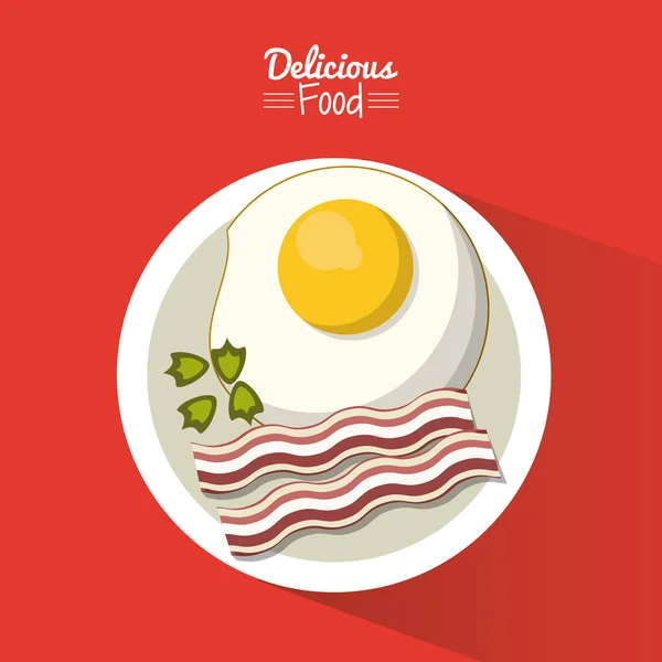 Poster comida deliciosa em fundo vermelho com prato de ovo frito com bacon —  Vetores de Stock