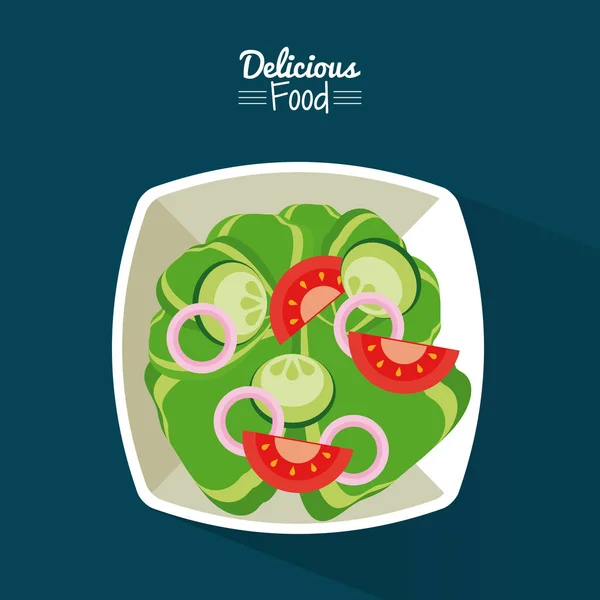 Afiche deliciosa comida en fondo azul con plato de ensalada de verduras — Vector de stock