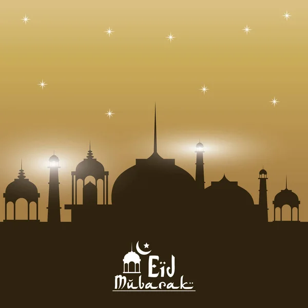 Sylwetka tło zachód kolor Eid Mubarak z meczetu i ręcznie rysowane kaligrafia logo — Wektor stockowy