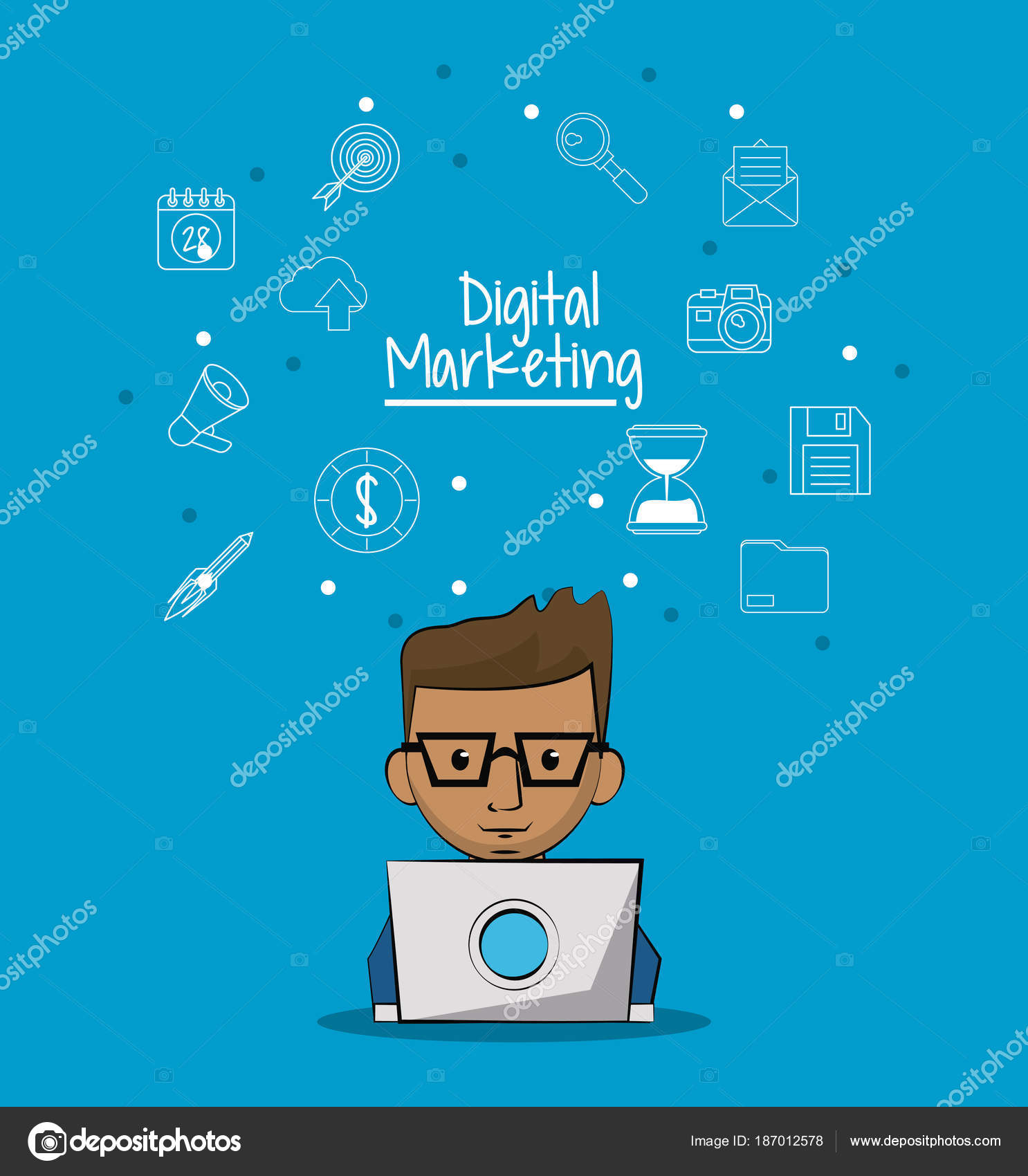 Poster Of Digital Marketing With Man Working In Laptop Computer And Sketch Background Of Marketing Icons Vector Image By C Jemastock Vector Stock 187012578