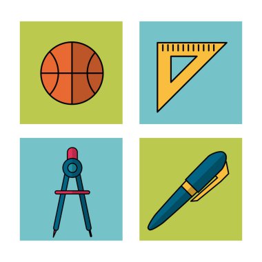 çerçeveler okul öğeleri basketbol topu ve kural kadrosu ve pusula simgesini ve kalem ile beyaz arka plan