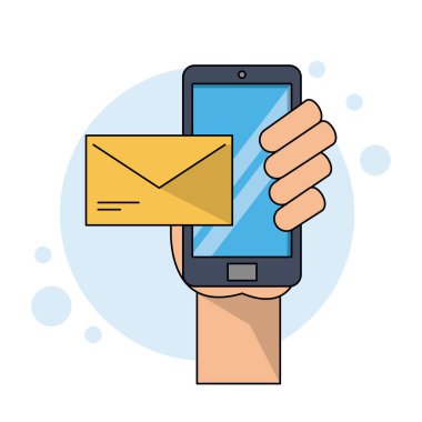 smartphone closeup ve posta kutsal kişilerin resmi içinde tutan el ile renk arka plan