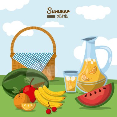 Yaz piknik alanı Peyzaj ve piknik sepeti suyu kavanoz ve meyve ile renkli poster