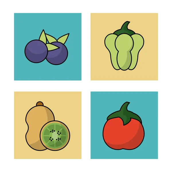 Fond blanc avec cadres de fruits myrtilles kiwi et légumes poivrons et tomate — Image vectorielle