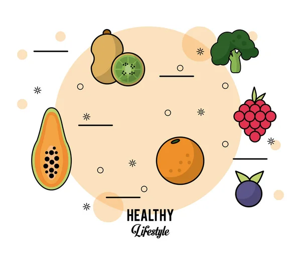 カラフルなポスターと健康的なライフ スタイルを設定果物パパイヤ キウイ オレンジぶどうブルーベリーとブロッコリーの — ストックベクタ
