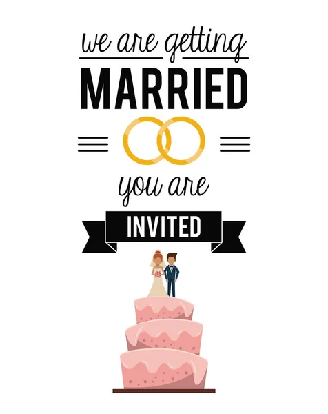 Renkli kart davet biz alyans ve pasta ile evleniyor — Stok Vektör