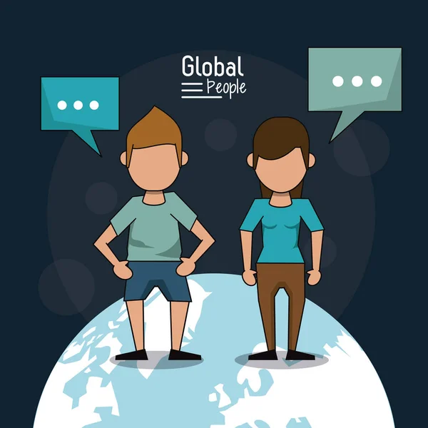 Affiche de personnes mondiales avec fond bleu foncé avec couple sans visage sur la planète terre et des dialogues de texte — Image vectorielle