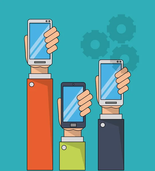 Kleur achtergrond met zakenman handen met smartphones — Stockvector