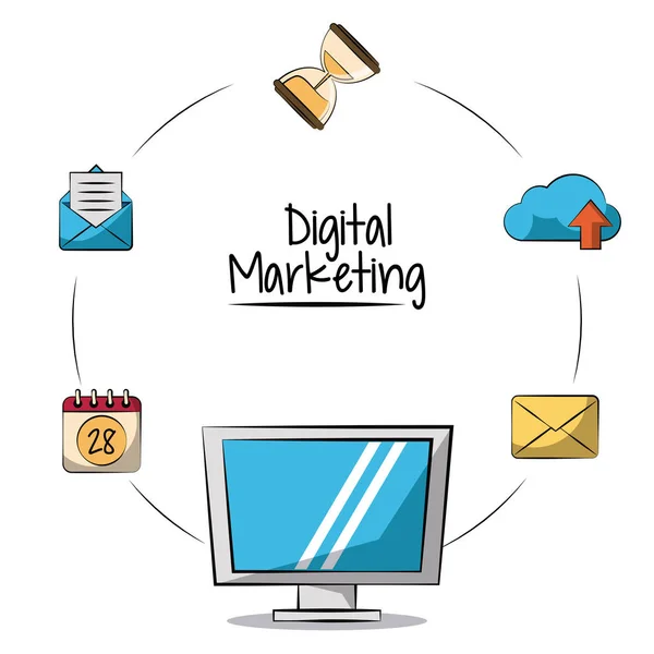 Poster van digitale marketing met lcd monitor in close-up en marketing van pictogrammen rond — Stockvector