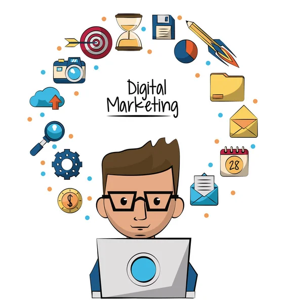 Poster des digitalen Marketings mit einem Mann, der in Nahaufnahme im Laptop arbeitet und Marketing-Ikonen um sich herum — Stockvektor
