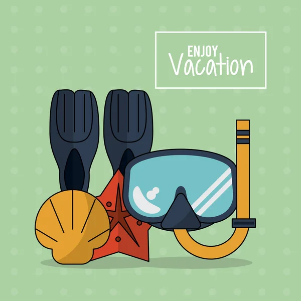 Cartaz colorido de desfrutar de férias com equipamento de snorkel e concha de estrela do mar — Vetor de Stock
