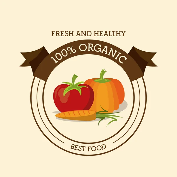 Logotipo colorido de alimentos orgánicos frescos y saludables con tomate y calabaza y zanahoria — Vector de stock