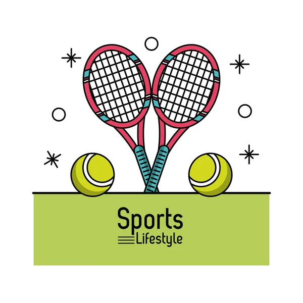 Cartel colorido de estilo de vida deportivo con raquetas de tenis y pelotas — Vector de stock