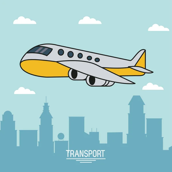 Barevný plakát letecké dopravy s letadlo za letu nad městem — Stockový vektor