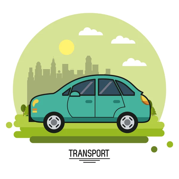 Cartaz colorido de transporte com automóvel na periferia de fundo da cidade em forma de esfera — Vetor de Stock