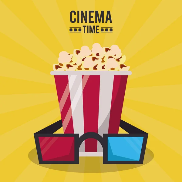 Cartaz colorido de tempo de cinema com óculos 3D e pipoca —  Vetores de Stock