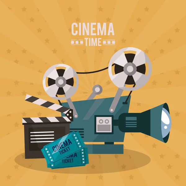 Poster colorato del tempo del cinema con proiettore di film e clapperboard e biglietti — Vettoriale Stock