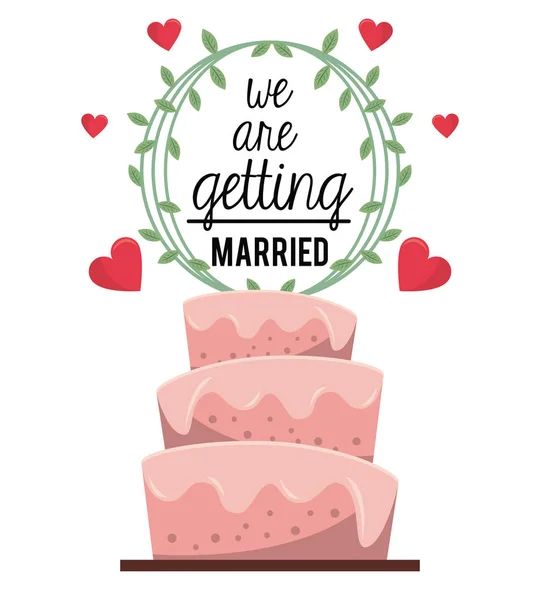 Cartaz colorido de nós estamos nos casando com bolo de casamento com ornamento natural e corações —  Vetores de Stock