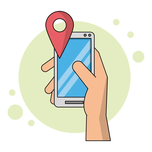 Fondo de color con la celebración de la mano smartphone en primer plano y mapa icono puntero — Vector de stock