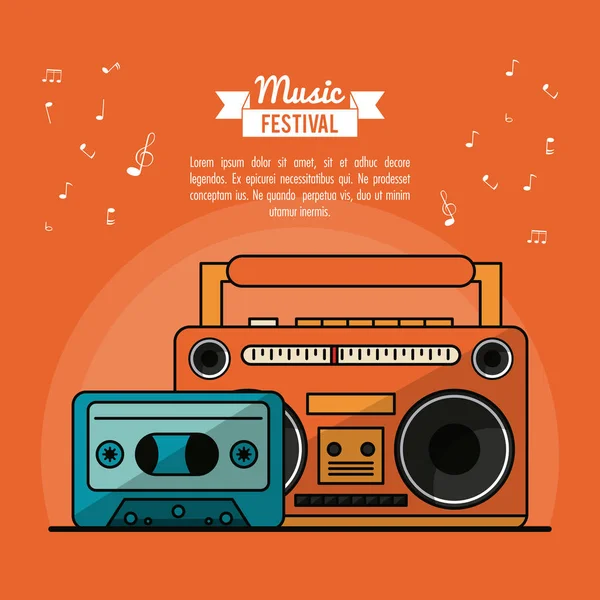 Poster Musikfestival auf orangefarbenem Hintergrund mit Kassettenspieler und Kassettenband — Stockvektor
