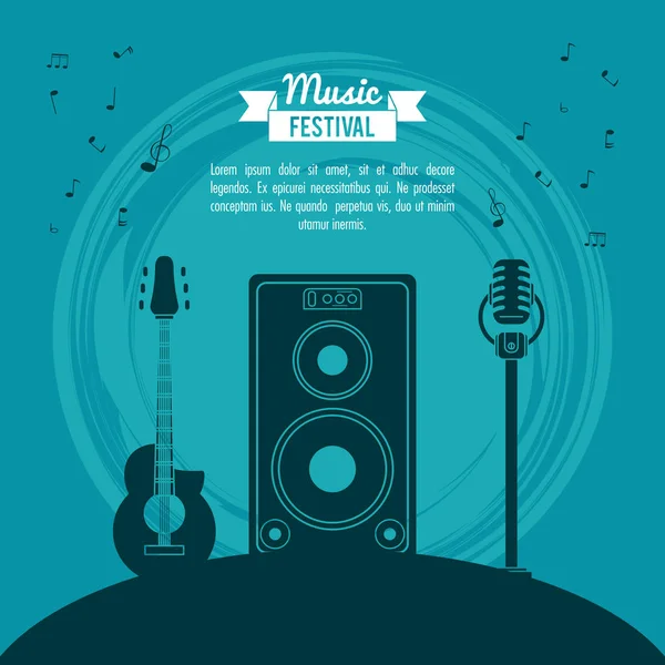 Affiche festival de musique en fond bleu avec guitare acoustique et haut-parleur et microphone — Image vectorielle