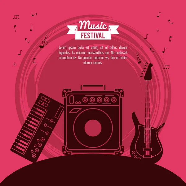 Affiche festival de musique en fond magenta avec guitare électrique et haut-parleur et piano électronique — Image vectorielle