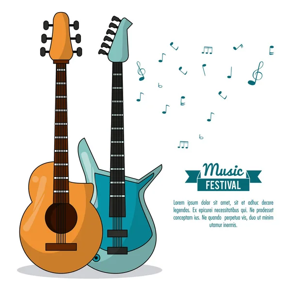 Poster music festival in white background with acoustic guitar and electric guitar — Stock Vector