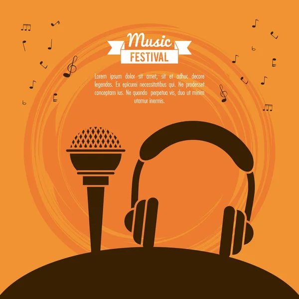 Affiche festival de musique en fond orange avec microphone et casque stéréo — Image vectorielle