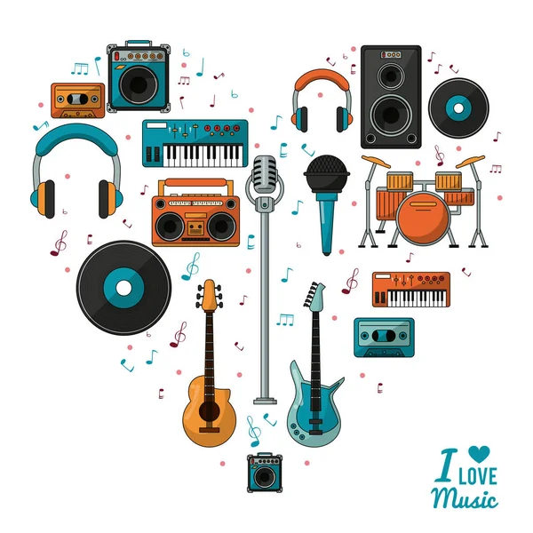 Αφίσα που αγαπώ τη μουσική με πολύχρωμο σιλουέτα των μουσικών οργάνων και συσκευές αναπαραγωγής — Διανυσματικό Αρχείο