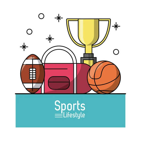 Cartel colorido de estilo de vida deportivo con trofeo y pelotas de fútbol y baloncesto — Vector de stock
