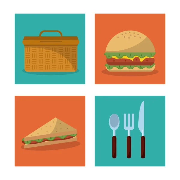 Fond blanc avec cadres d'éléments de pique-nique avec hamburger panier pique-nique et ensemble sandwich et couverts — Image vectorielle