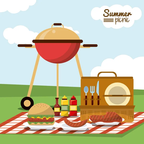 Kleurrijke affiche zomer picknick met veld landschap en picknick mand in tafelkleed met houtskool barbecue worst en sauzen en Hamburger — Stockvector