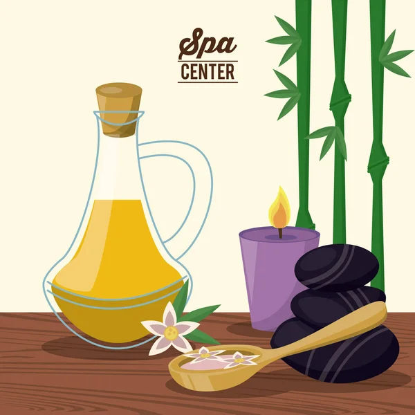 Cartel de color del centro de spa con planta de bambú y aceite esencia botella y piedras de lava y vela — Archivo Imágenes Vectoriales